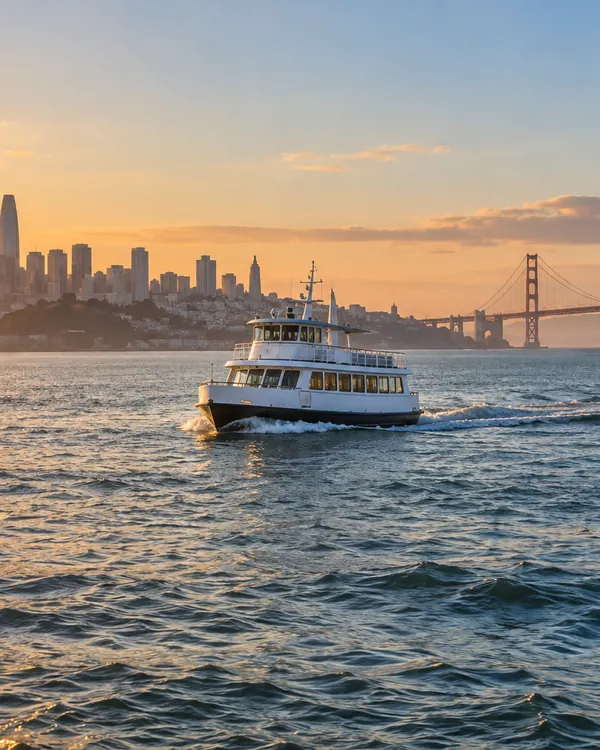 A boat crossing San Francisco Bay at sunset
