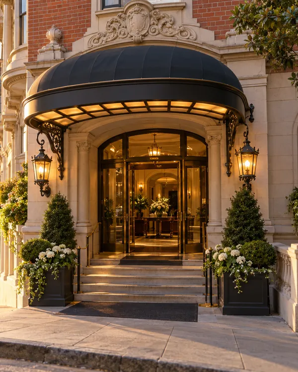 The entrance of a classic San Francisco hotel with a canopy and flower boxes