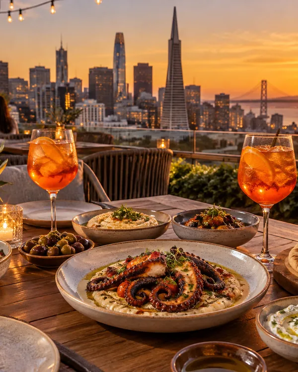 A rooftop dinner table with share plates and spritzes above the San Francisco skyline at sunset