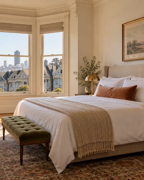 A bright boutique hotel room with a bay window over Victorian rooftops