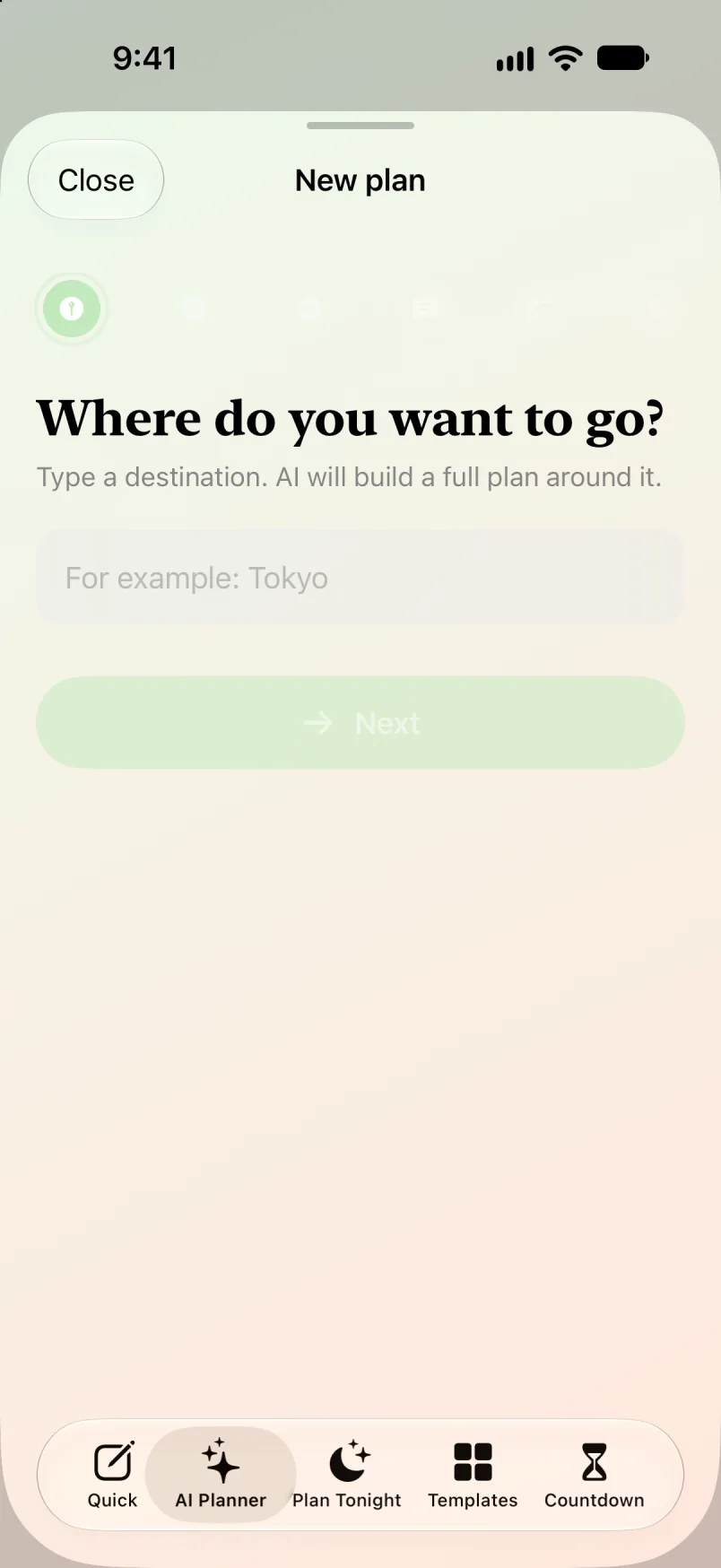 AI trip planning in Maveon: type a destination and AI builds the plan