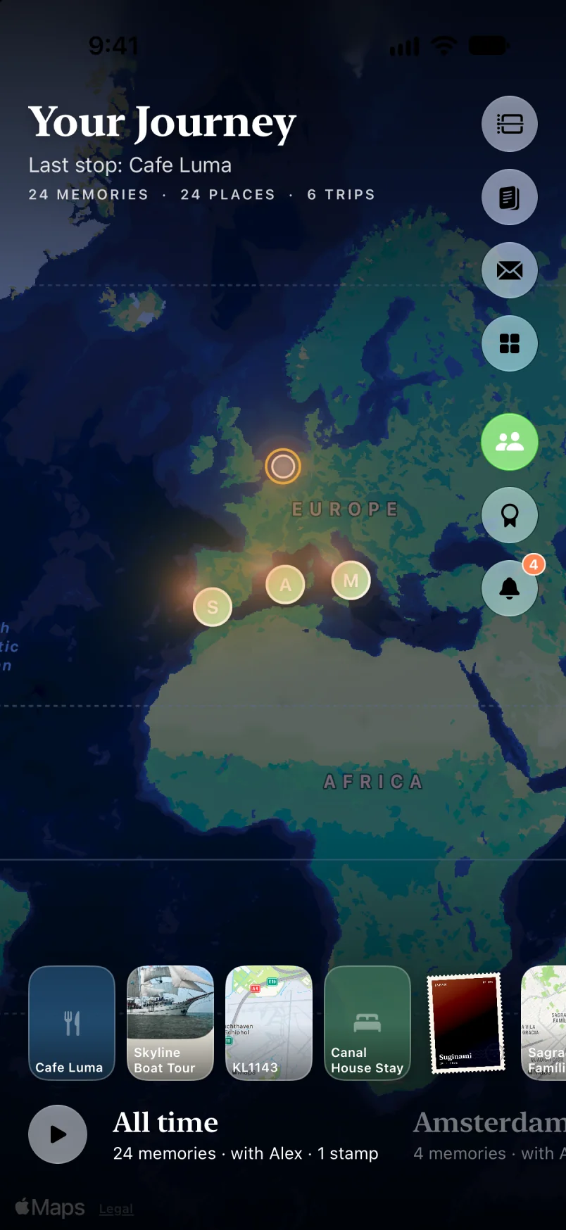 Journey map opened full screen in Heatmap mode, showing warm glow clusters over the places you've visited most