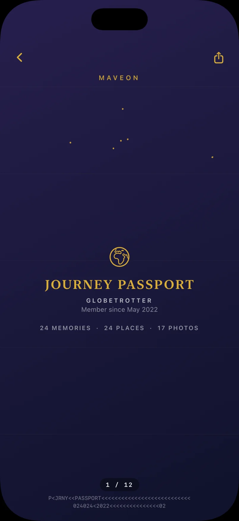 Journey Passport cover page with navy and gold design, a golden footprint engraving, and the Globetrotter level