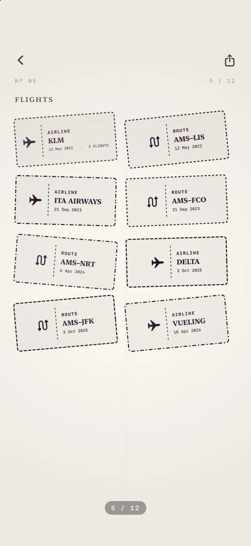 Passport stamp page with airline and route stamps