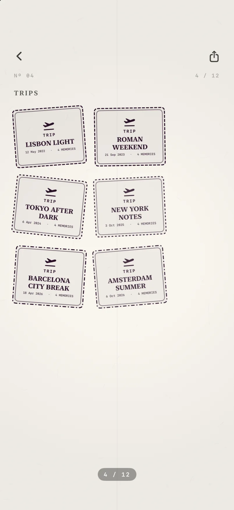 Passport stamp page with ticket-shaped trip stamps