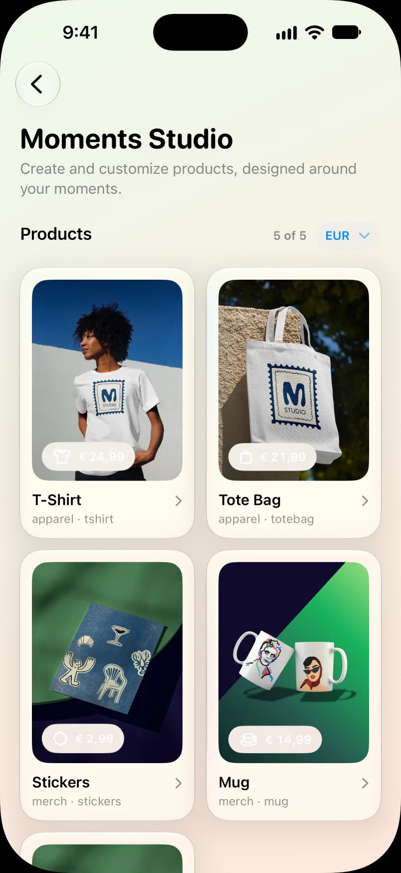 Moments Studio product list