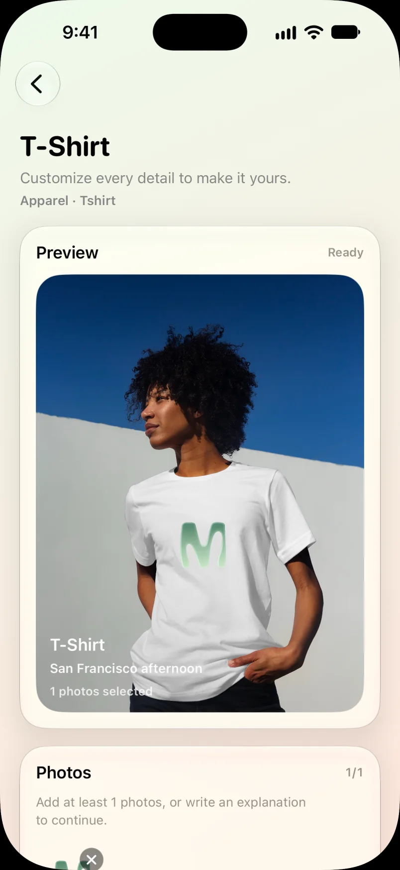T-Shirt preview screen in Moments Studio