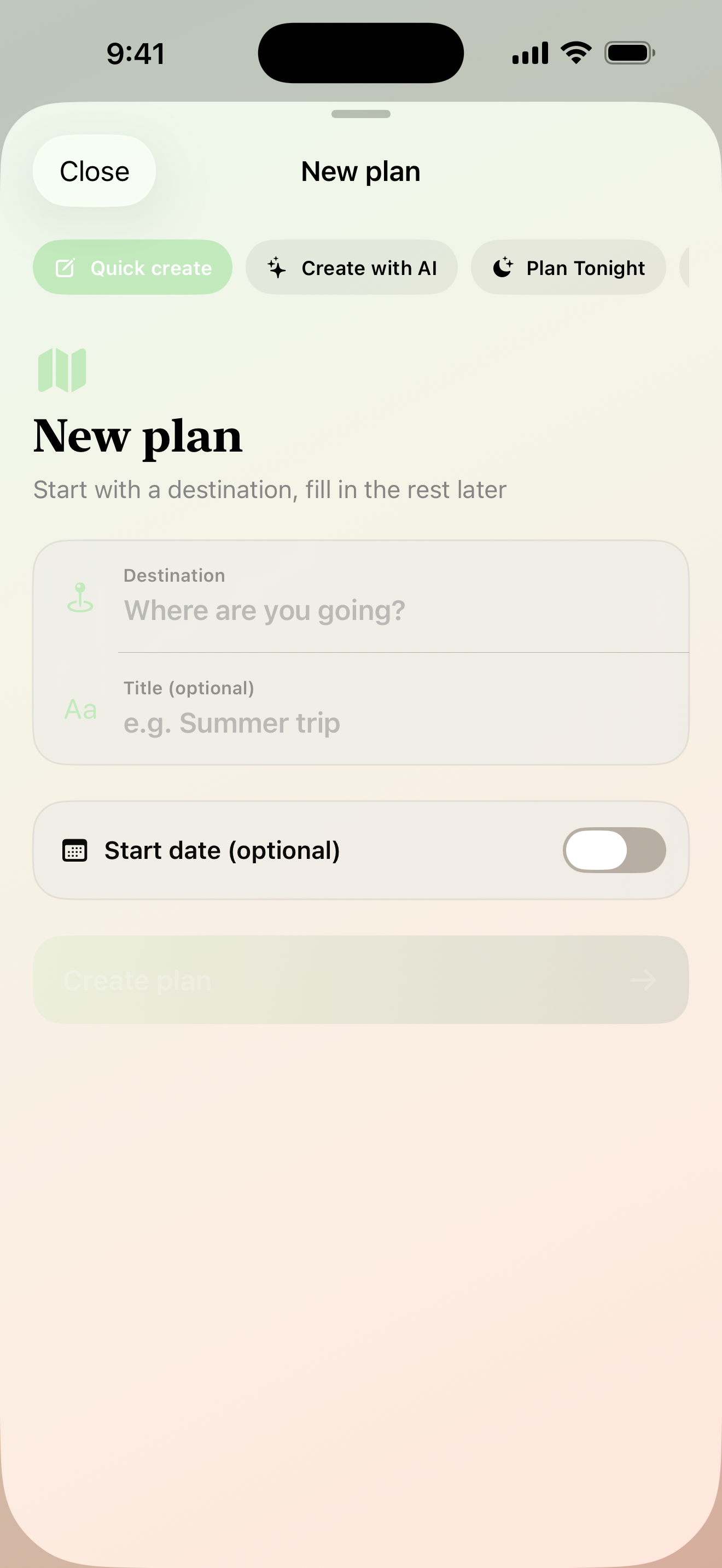 Maveon Quick create: destination, optional title and start date