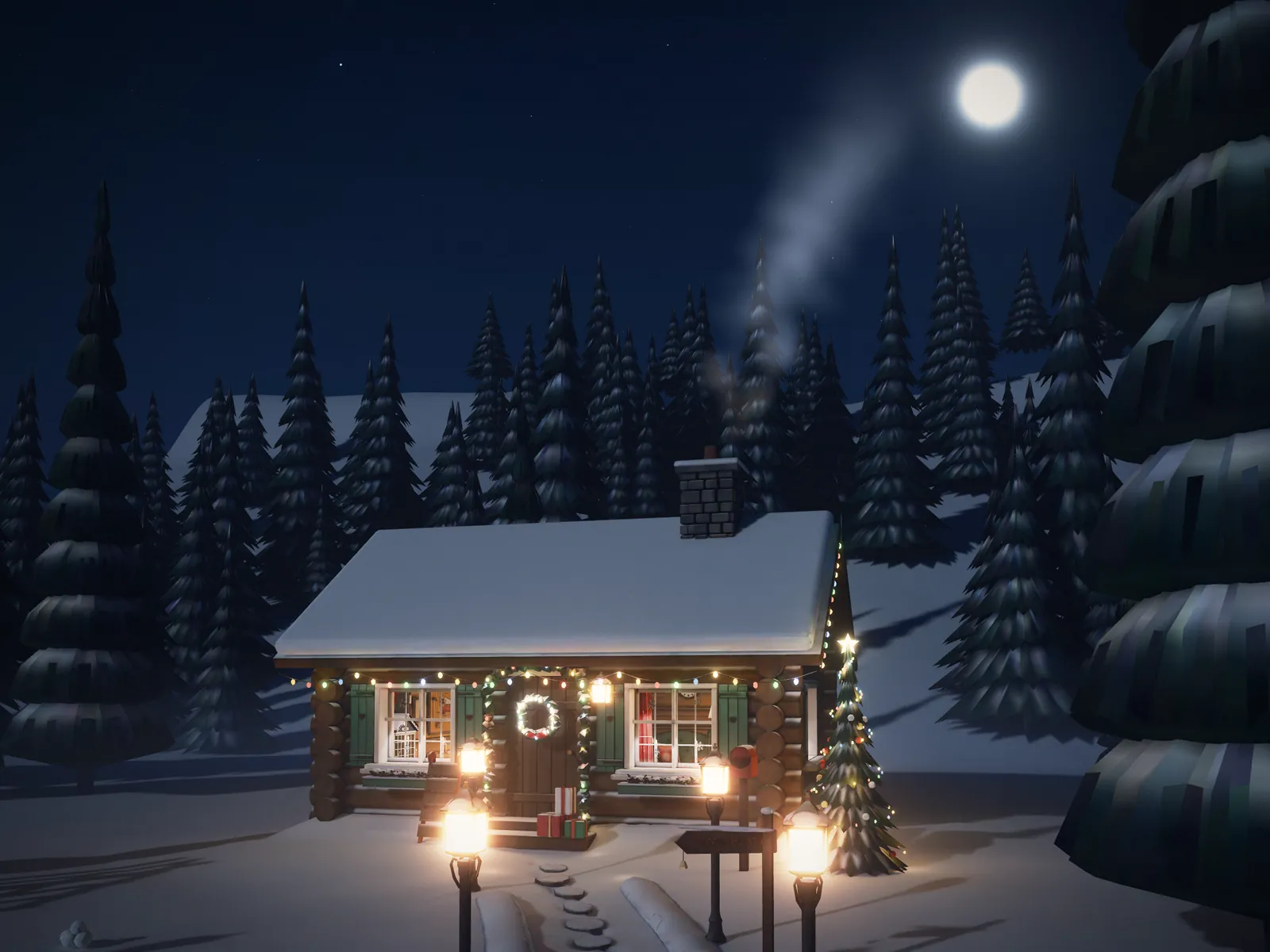 A log cabin in the snowy pines at night, its windows, string lights and lanterns lit and smoke rising from the chimney.
