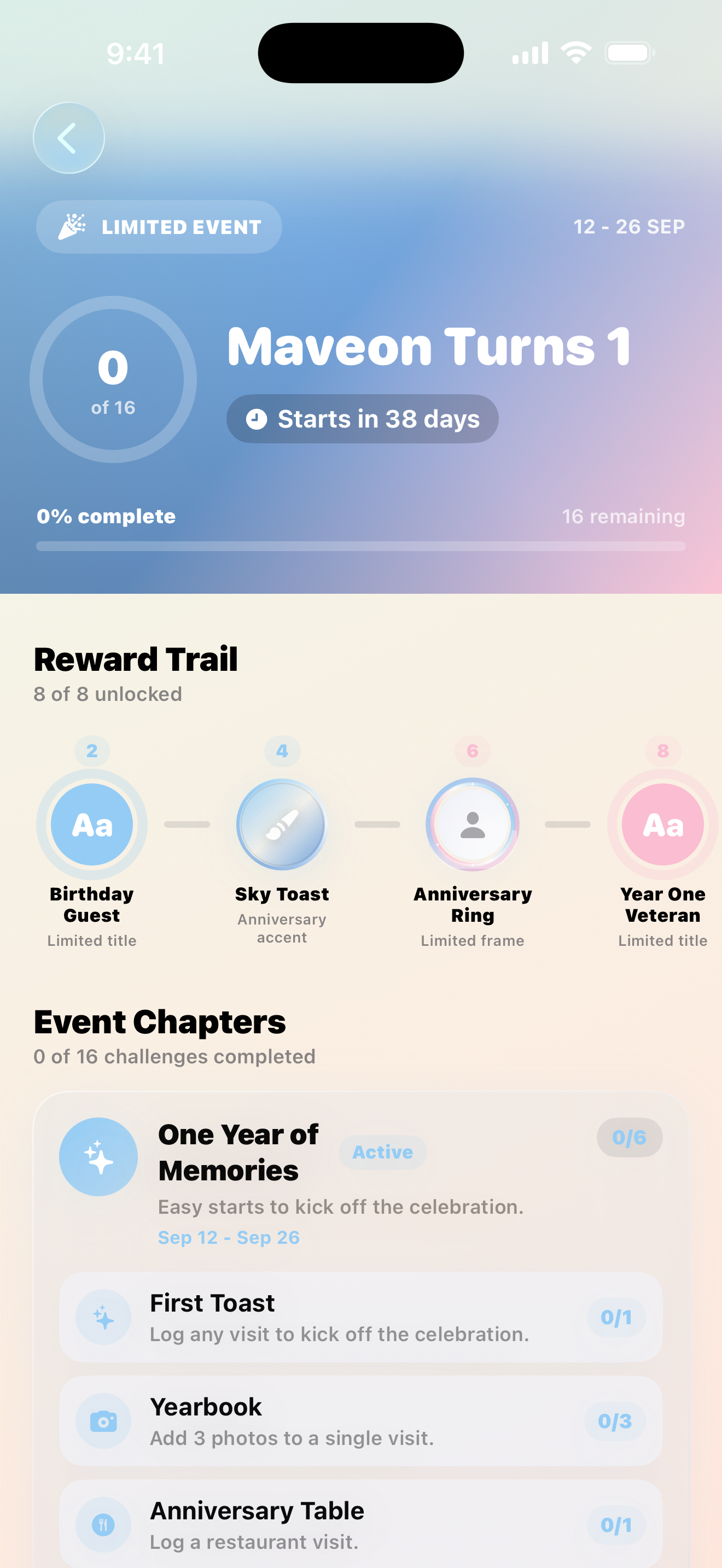 Maveon's 1 Year Anniversary event hub, live in the app