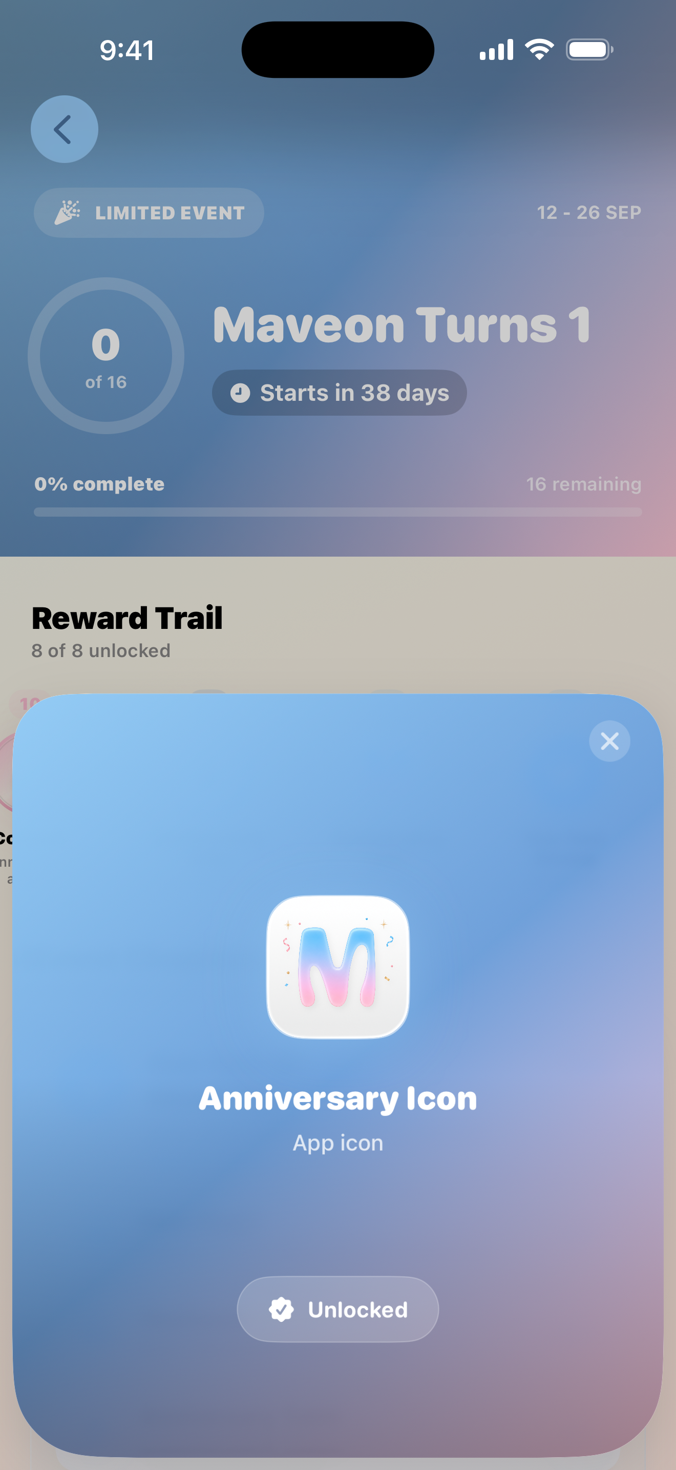 Anniversary Icon reward unlocked in the Maveon app