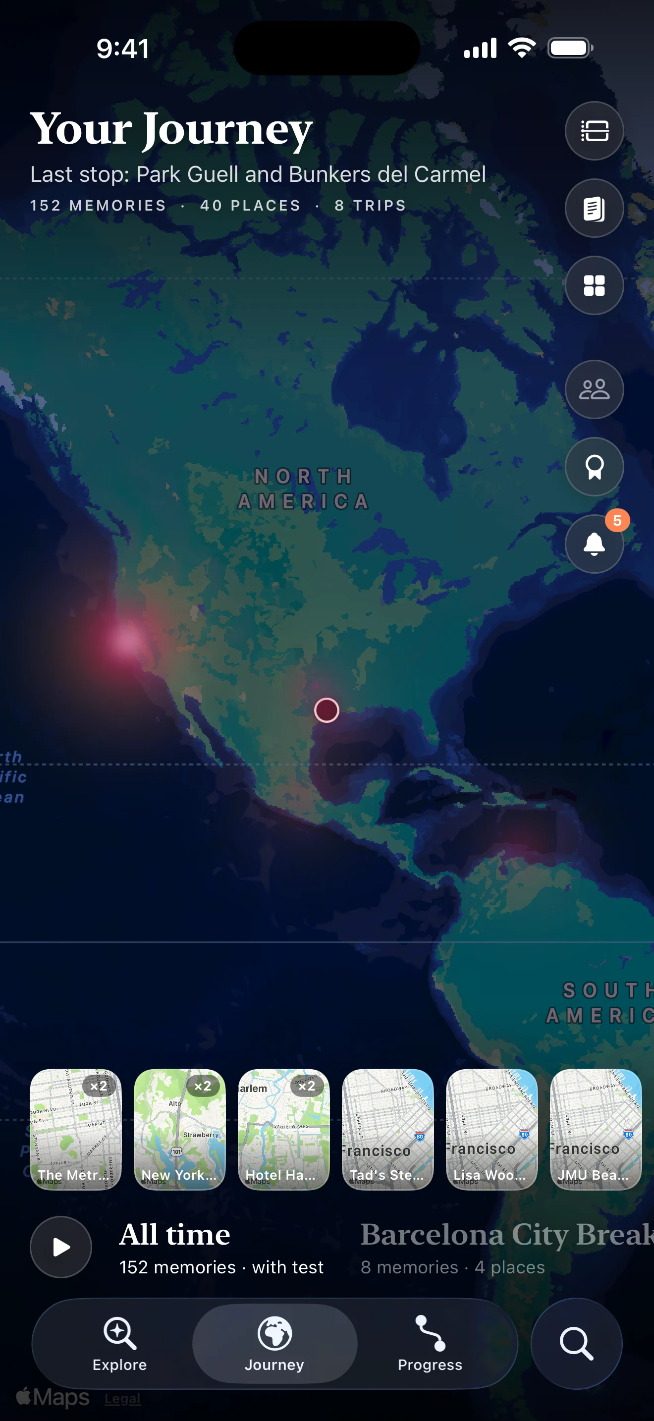 Journey map opened full screen in Heatmap mode, showing warm glow clusters over the places you've visited most
