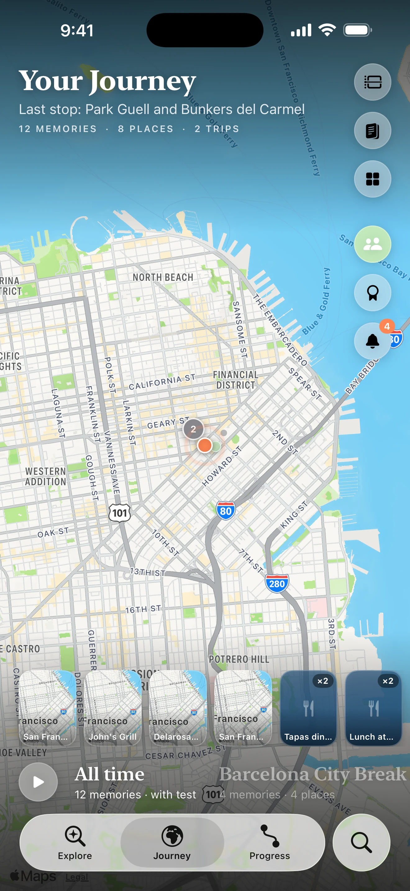 Maveon Your Journey full-screen map with memories, controls, and chapter filmstrip