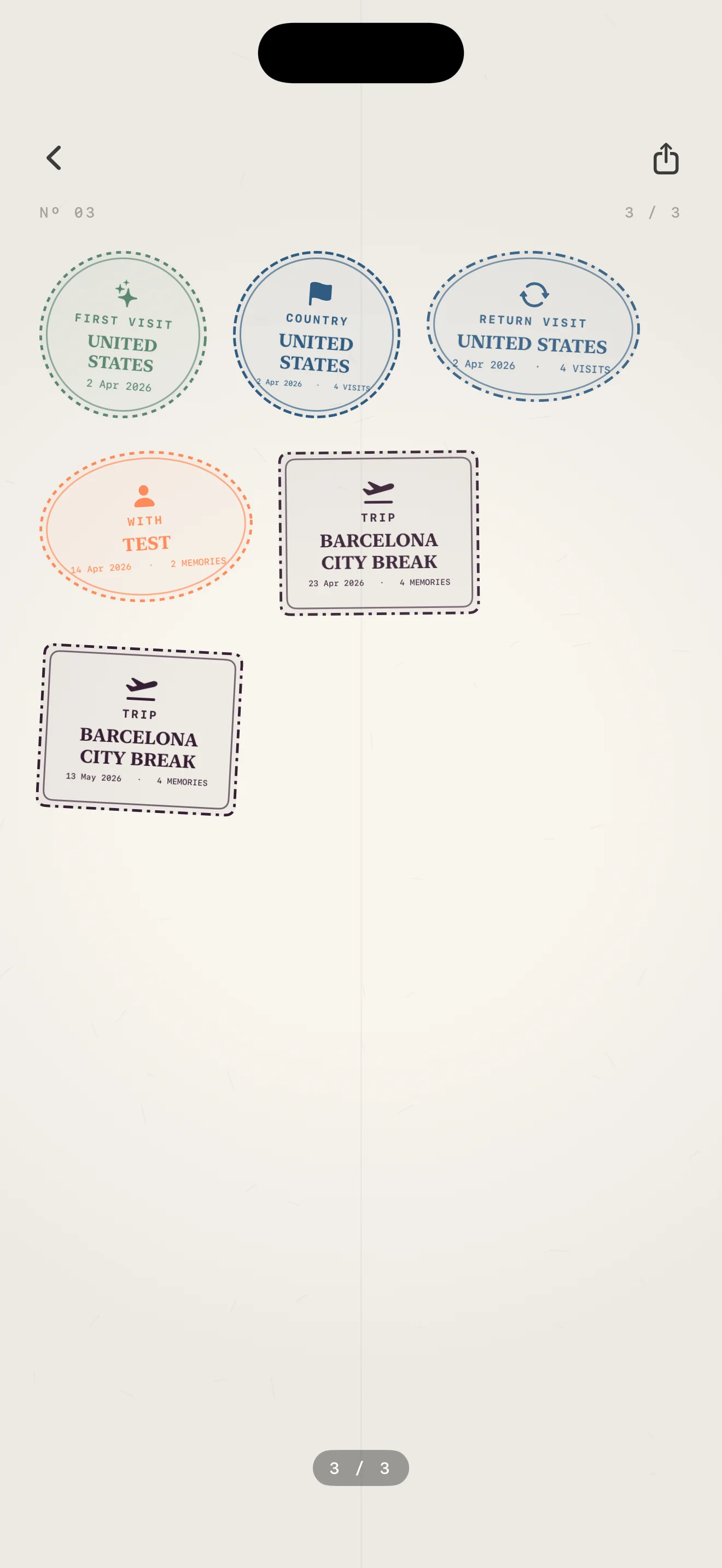Passport stamp page with ink stamps for countries, trips, routes, airlines, and people