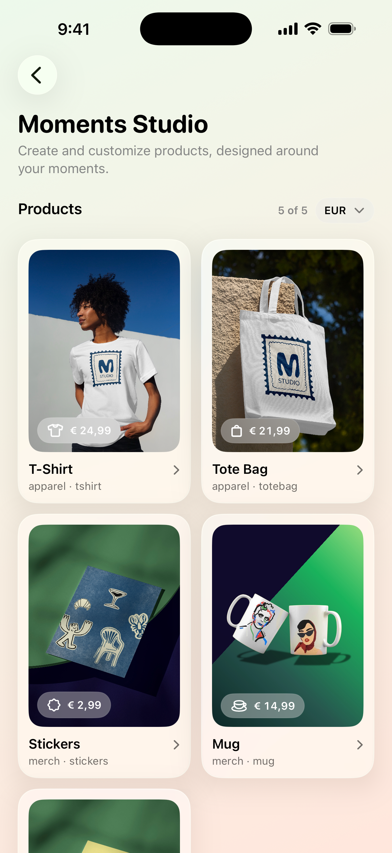 Moments Studio product list