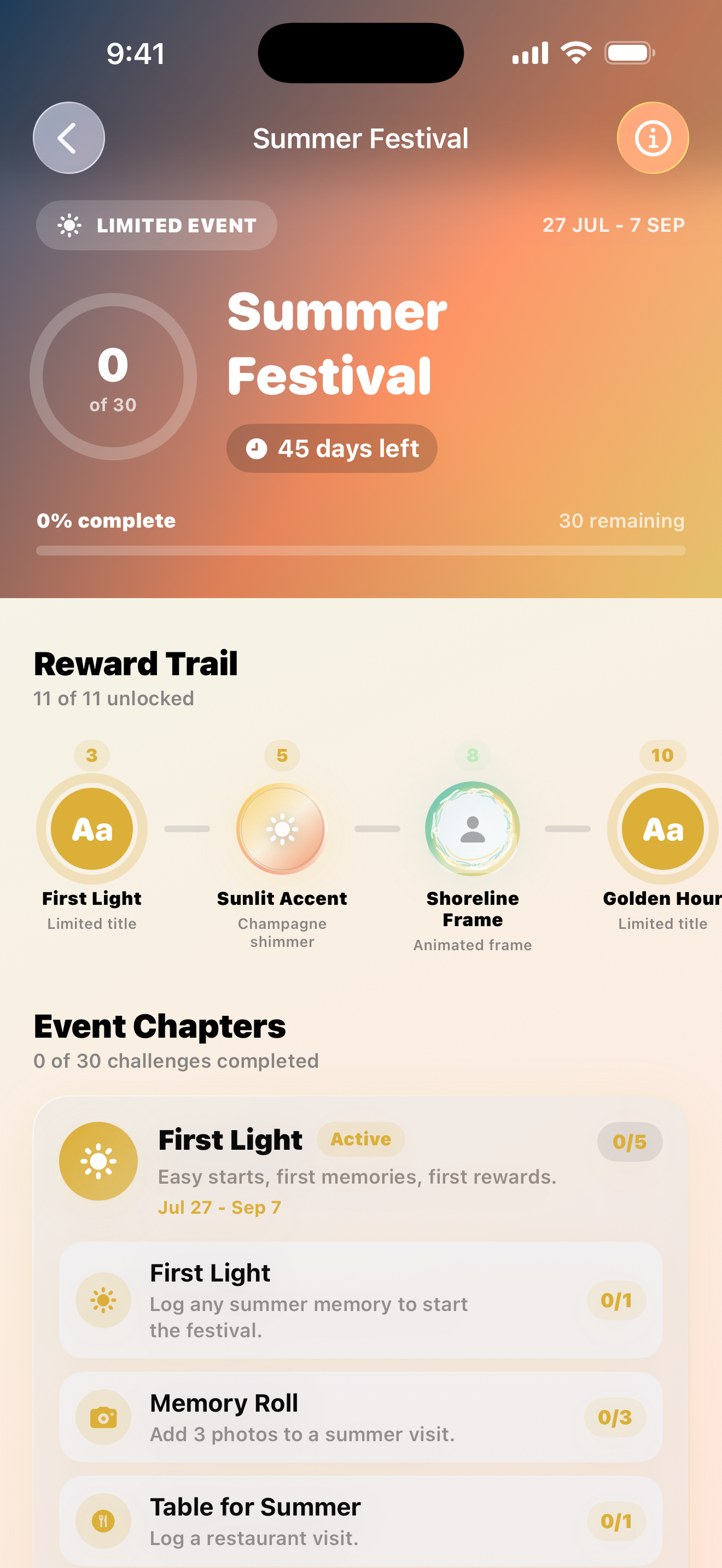 Summer Festival event hub in the Maveon app